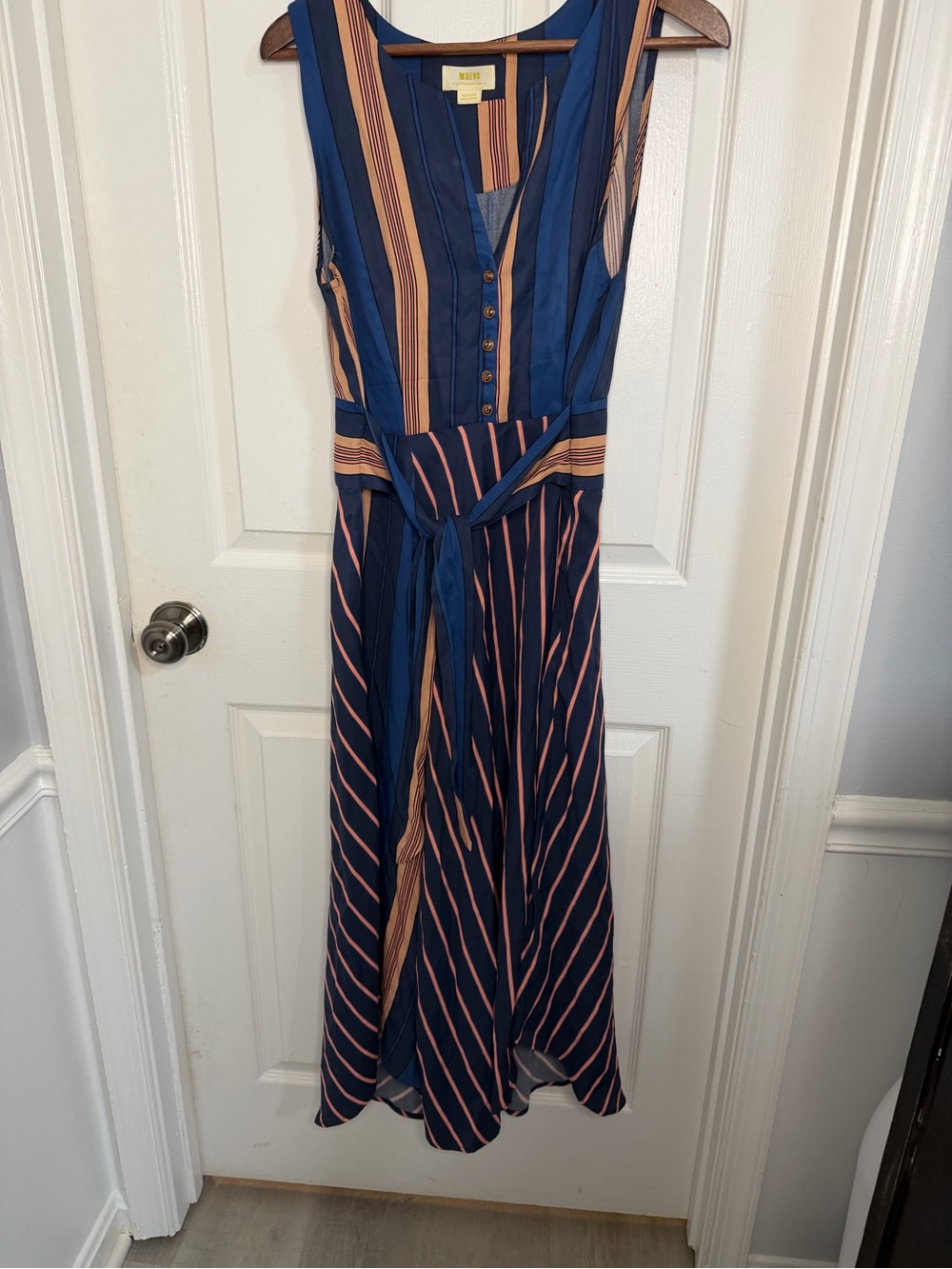 Maeve Navy and Peach Striped Sleeveless Midi Dress - Picture 2 of 6